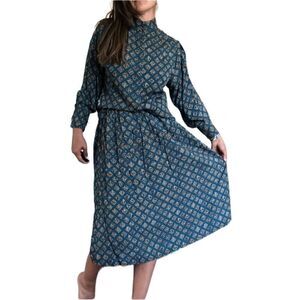 Vintage 70s 1970s 80s Lee Wright Geometric Skirt Set Midi Shirt Size Small Green